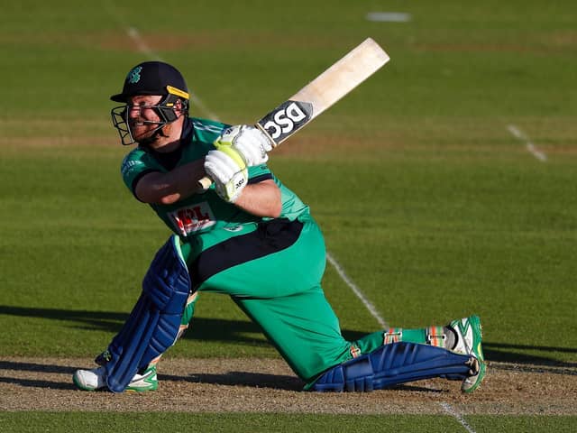 Paul Stirling goes for another big hit during his innings of 142 for Ireland against England earlier this month