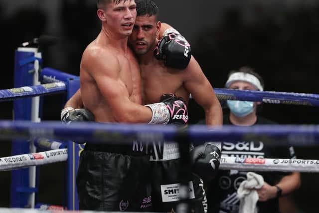 Kieron Conway and Nav Mansouri embrace at the end of their 10-round battle on Friday night