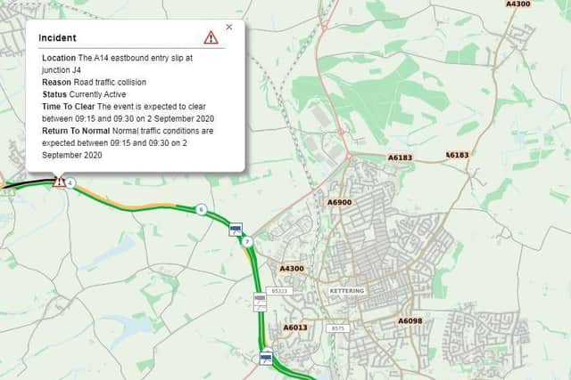 Highways England reported the crash on the A14 on Wednesday morning