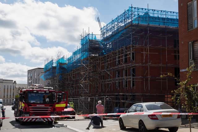 A fire engine on High Street, Upton, after a fire at a block of flats. Photo: Leila Coker