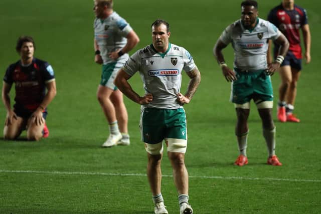 Lewis Bean shows his disappointment after Saints were beaten by Bristol on Tuesday night