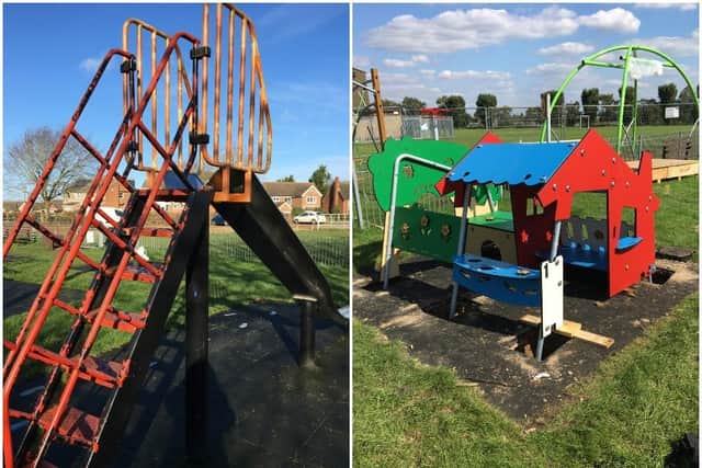 The play area by Cogenhoe and Whiston Village Hall before (left) and during (right) the £50,000 revamp