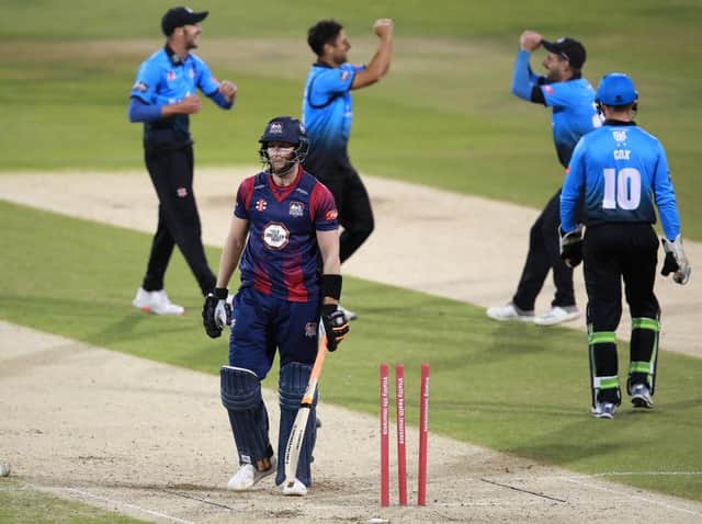 Alex Wakely trudges off after being bowled by Worcestershire's Brett D'Oliveira
