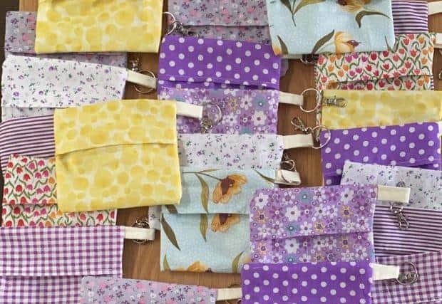 Adèle has made pouches from different patterned material.