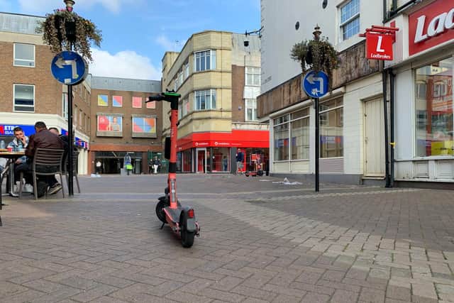 E-scooters are being left parked in the middle of pedestrianised town centre. Photos: @Seaofchangefilm