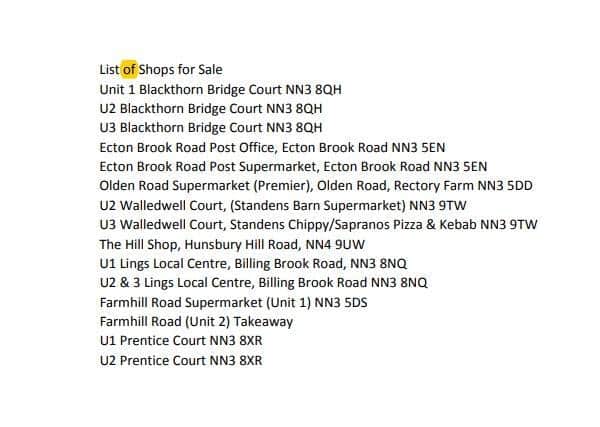 The shops listed by the borough council for disposal.