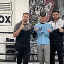 Eithan James (centre) at the Team Show-Box gym in Northampton, with James Conway (left) and Alex Le Geuvel