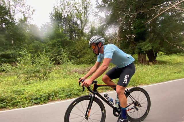 Rickard Barbet riding down Box Hill in Surrey for the virtual Cycle4Cynthia