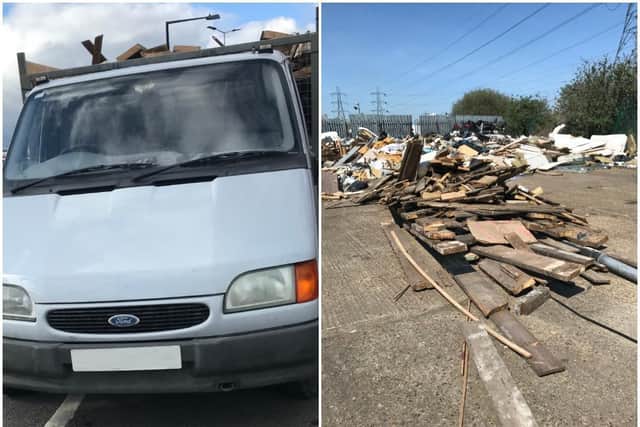 Kathleen Stokes' van and the waste that was illegally dumped in Edmonton, London. Photos: Environment Agency