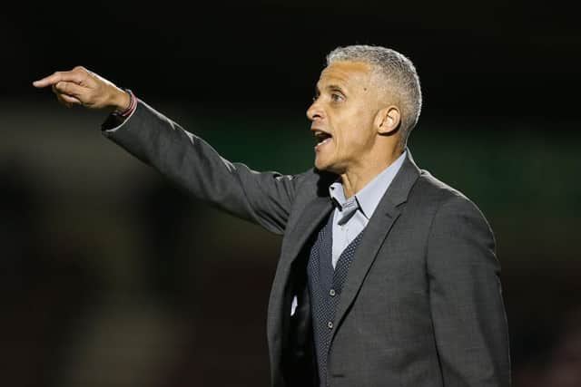 Keith Curle pictured on his first day as Cobblers boss, issuing instructions during a 0-0 draw with Bury on Tuesday, October 1, 2018