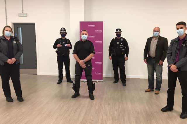 Pictured from left to right: Kimberley Herbert (BID Project Support Executive), Inspector Andy Blaize, Superintendent Kev Mulligan Sergeant Tor Lindsay, Mark Mullen (BID Operations Manager), Bailey Earl (BID Host)