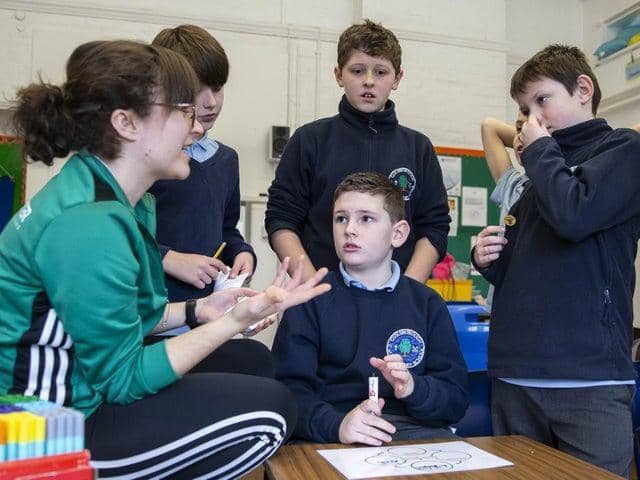 Pacesetter coach Claire pictured with Guilsborough pupils in January, as part of their Magnificent Mind training session.