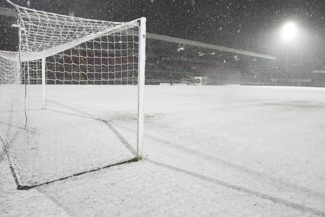 Snow covers the Sixfields pitch in October 2008. Photo: Getty Images