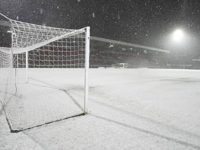 Snow covers the Sixfields pitch in October 2008. Photo: Getty Images