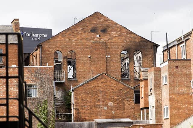 The building's ceiling collapsed during the blaze