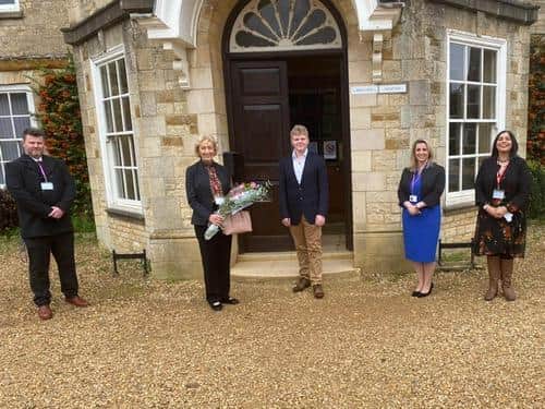 (L-R) Potterspury Lodge School vice principal Rhett Cameron, South Northamptonshire MP Andrea Leadsom, student Samuel Baines, principal Jenny Nimmo and regional principal Naseem Akhtar