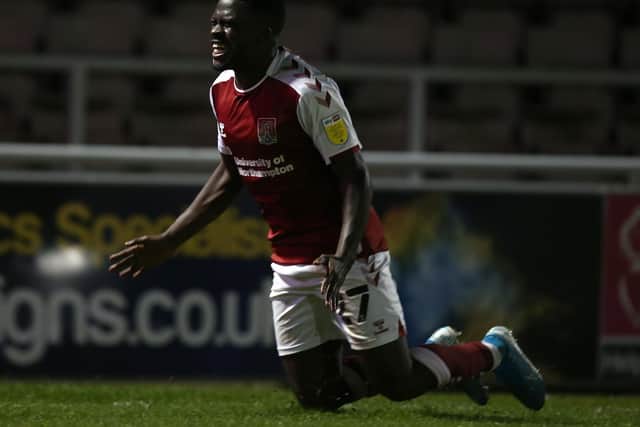 Christopher Missilou celebrates scoring for the Cobblers in the 2-1 win over Swindon Town (Picture: Pete Norton)