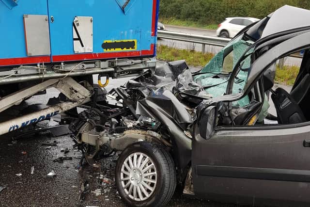 The A14 heading out of Northamptonshire had to be closed off earlier after a car collided with a lorry.