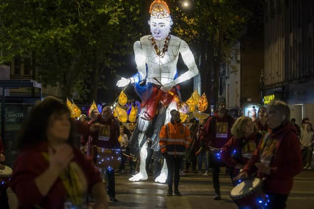 One of the large Hindu puppets in the Diwali parade in Northampton in 2018