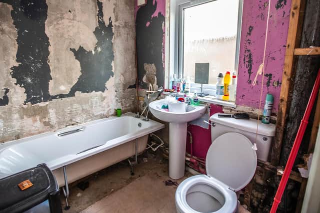 The family bathroom has been left looking like this following unfinished revamp works. Pictures by Kirsty Edmonds.