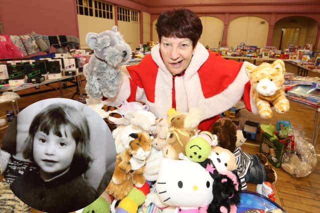 Jeanette Walsh aka Mother Christmas inset a photo of Jeanette before she went into care