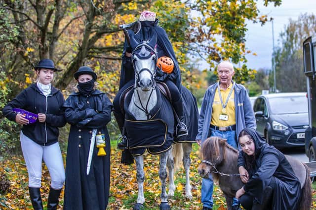 Pictured left to right: Lauren Hever-Wood, Tyler Webb, Headless Horseman, Keith Brown (air ambulance) and Freya Jarman.
