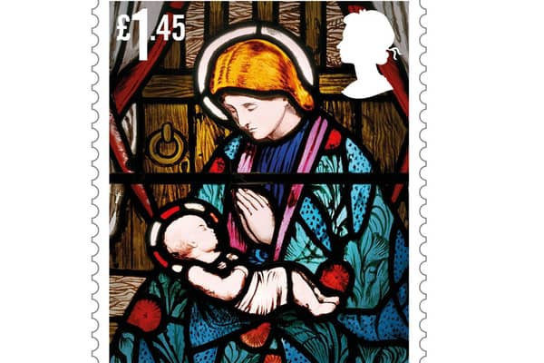 The commemorative £1.45 stamp with the Nativity scene from a stained-glass window at the Church of St James in Hollowell, Northamptonshire. Photo: Royal Mail