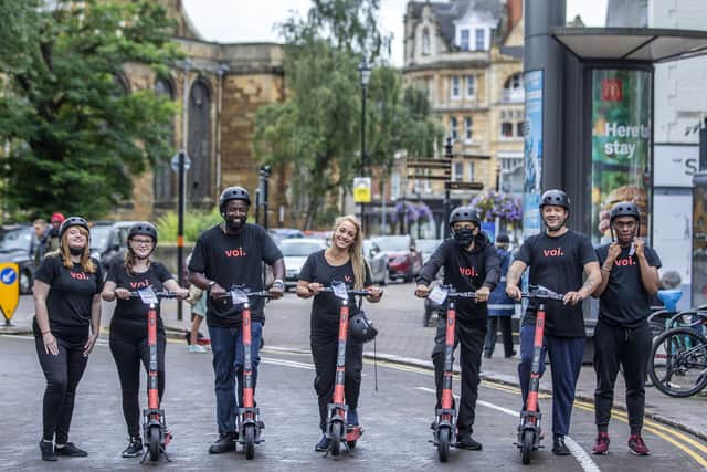 E-scooter ambassadors for Voi pictured on launch day, near the Market Square, on September 3.