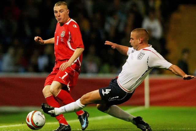 Nicky Adams playing for Wales U21s against England in 2008