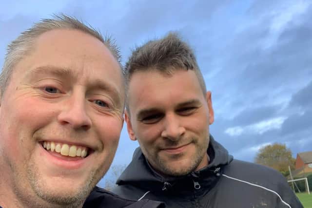 Brixworth Juniors FC's under-nine coaches Tom Cooper (left) and Jonathan Newman