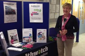 Wendy Patel gathering patient feedback with a Healthwatch stand at Kettering General Hospital