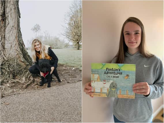 Hayley with her cockapoo, Fenton (left) and Megan with the published book (right).