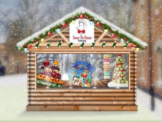 Each business in the virtual market is homed in a festive chalet.