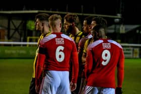 Brackley Town battled out a 1-1 draw at Leamington on Tuesday night. Picture courtesy of Dean Williams Media
