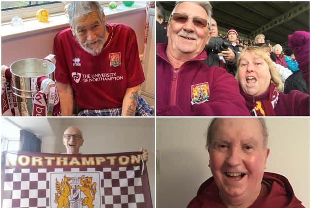 Four of the 19 Cobblers fans to be virtual mascots this weekend. (Clockwise from top left) Rowland Jordan, Barry Davies, Tony Kingston and Brian Ratcliffe