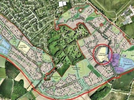 The school site, circled, forms part of the new development on the outskirts of Towcester.