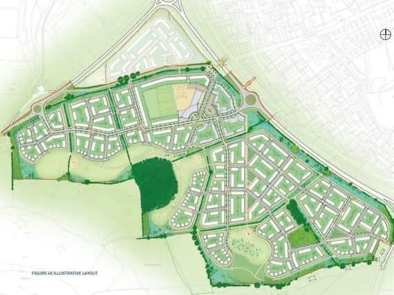 An illustrative masterplan showing a potential layout for the 1,100 homes on the Malabar Farm site.