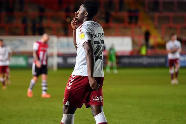 Benny Ashley-Seal celebrates his goal at Exeter