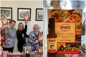 Three of the Jeyes of Earls Barton team with the new cookbook A Taste of Jeyes's Northamptonshire Sauce, the sauce itself and the book where the original recipe was found in a glass case