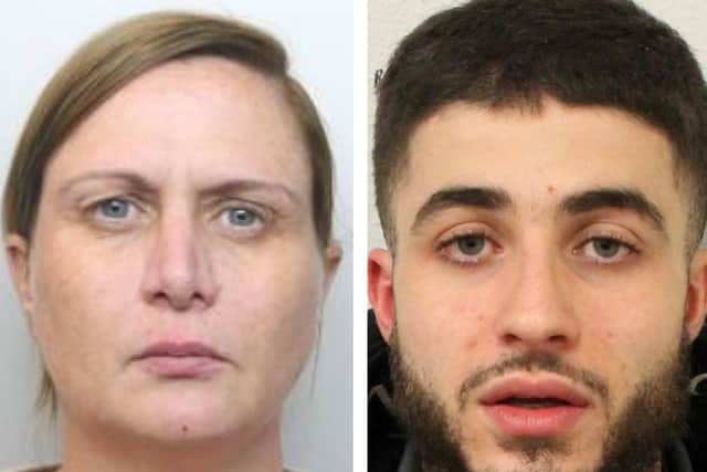 Yvonne Rankine was coached by Sehailia (right) into posing as bank customers to scam cash. Photo: Leics Police
