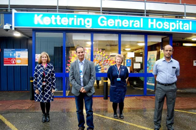 KGH Consultant Anaesthetist, Dr Pawan Kumar (front left) and Respiratory Consultant, Dr Raja Reddy (front right) with Organ and Tissue Donation Committee Chair, Shirley Newman (L) and KGH Lead Nurse for Organ Donation, Linda Knighton (R), who are supporting convalescent plasma donation