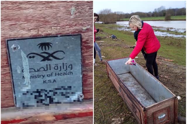 A coffin of Saudi Arabian origin has been deposited on a Northampton field in the aftermath of the Christmas flooding.