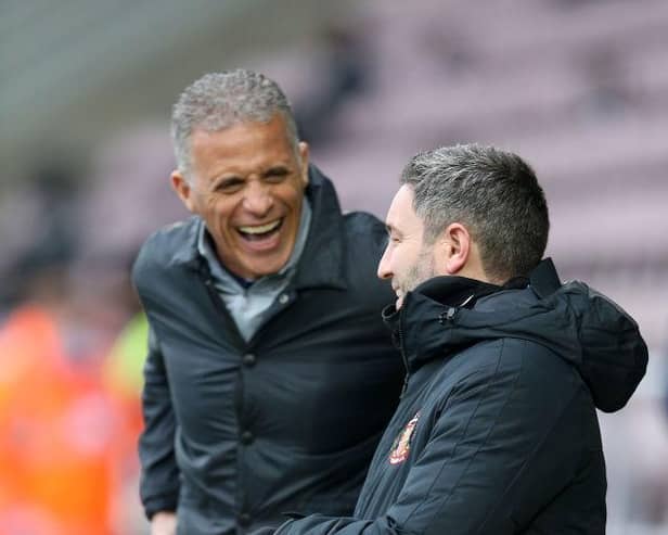 Keith Curle and Lee Johnson share a joke before kick-off. Picture: Getty.