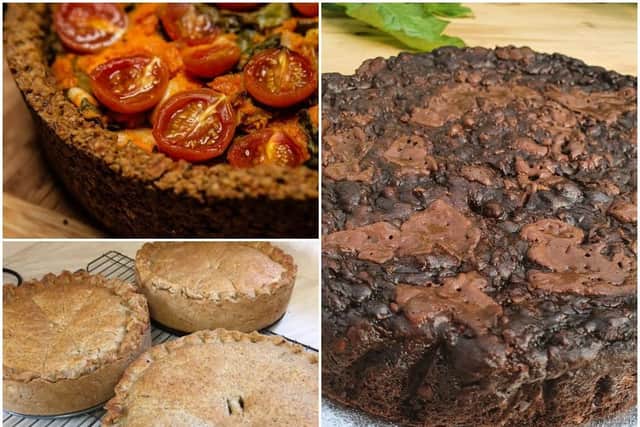 Natasha's three Northamptonshire Food and Drink Award-winning dishes. (Clockwise from top left) Sweet potato pie with spinach and tomato, chocolate and courgette cake and savoury vegetable pie