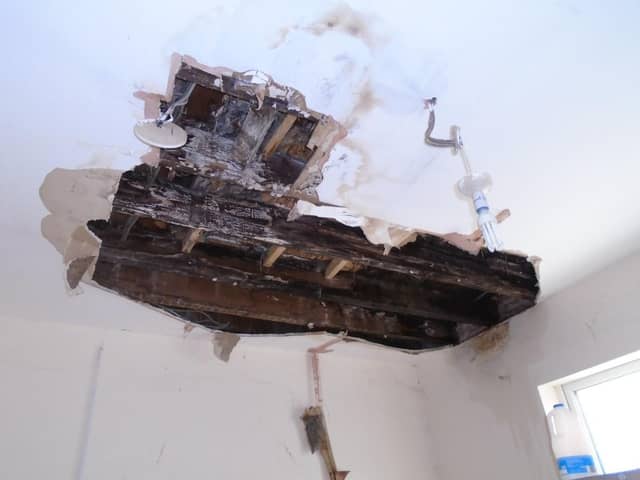 The rotting ceiling at Zaheer Uddin Babar's property in Colwyn Road, Northampton, had partially collapsed. Photo: Northampton Borough Council