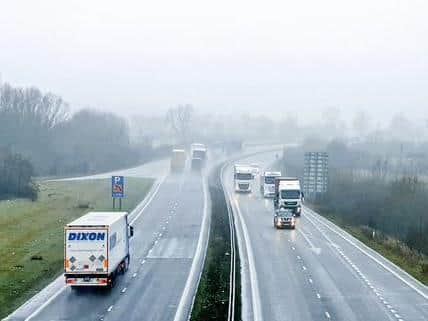 Police snapped 31 goods vehicles speeding on wet roads and six drivers not wearing seatbelts on the A14 this week. Photo: @northants_SRT