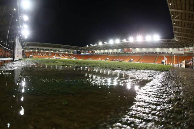 The Bloomfield Road pitch at Blackpool is waterlogged (Pictures: Pete Norton)