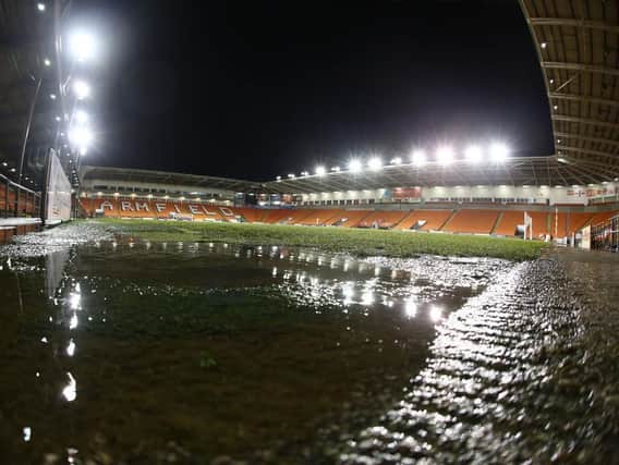 The Bloomfield Road pitch at Blackpool is waterlogged (Pictures: Pete Norton)