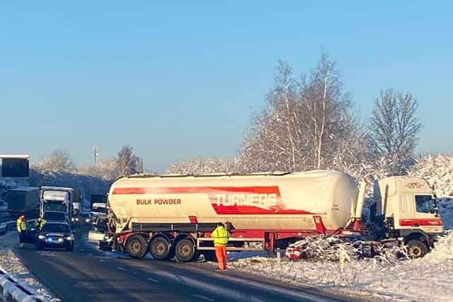 A lorry stranded on the A14 slip road this morning. Photos: @Northants_RCT