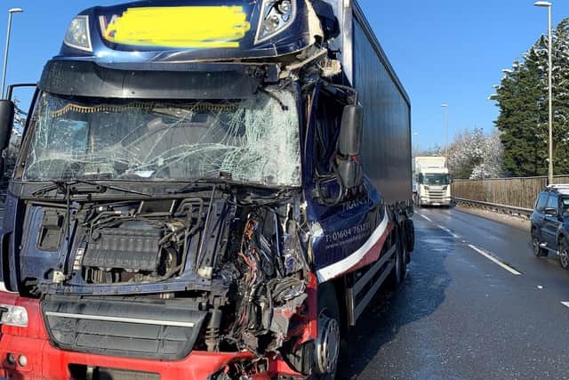 Wreckage of one of the lorries involved in mid-morning smash on the A14. Photo: @Northants_RCT